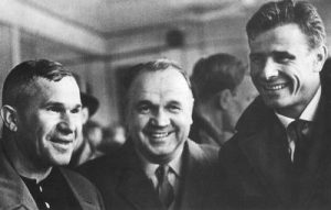 Russian goalkeepers Alexei Khomich, Valentin Granatkin and Lev Yashin