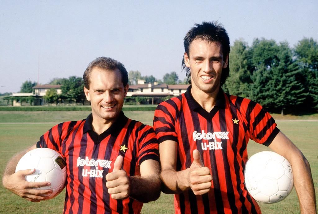 Ray Wilkins and Mark Hateley on arrival at Milan in 1984