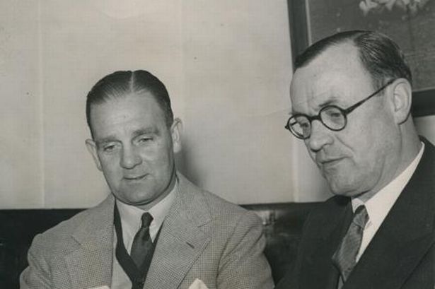 Jesse Carver (L) as chairman W. Erle Shanks announces his resignation from Coventry City, December 1955