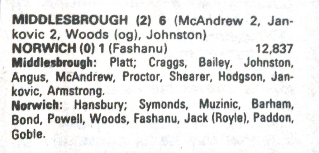 Middlesbrough v Norwich City match details, Shoot! Magazine 1980