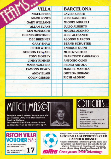 Aston Villa v Barcelona match programme, January 1983