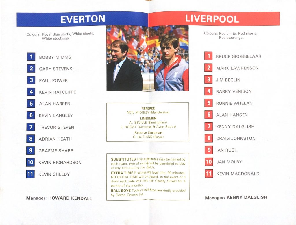 Everton and Liverpool line-ups, 1986 Charity Shield match programme