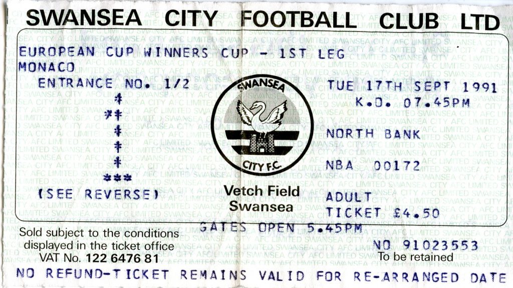 Swansea-Monaco 1991 match ticket