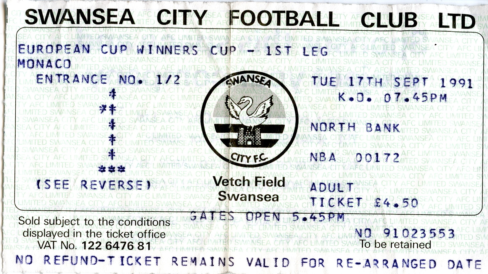 Ticket Match AS Monaco Vs Swansea City – Coupe Europe C2 1991/92 Collector