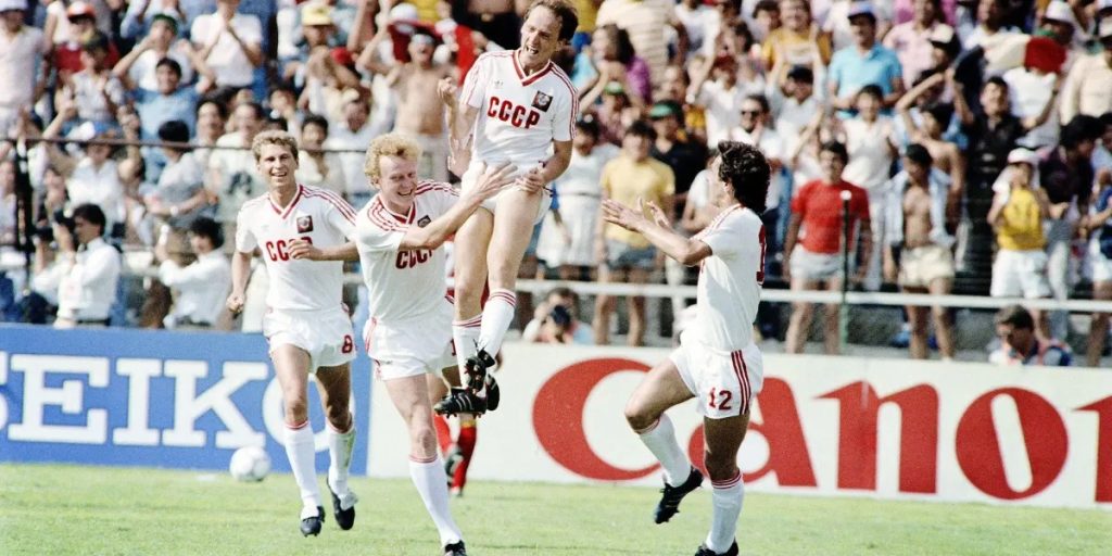 Igor Belanov celebrates for USSR v Belgium, 1986