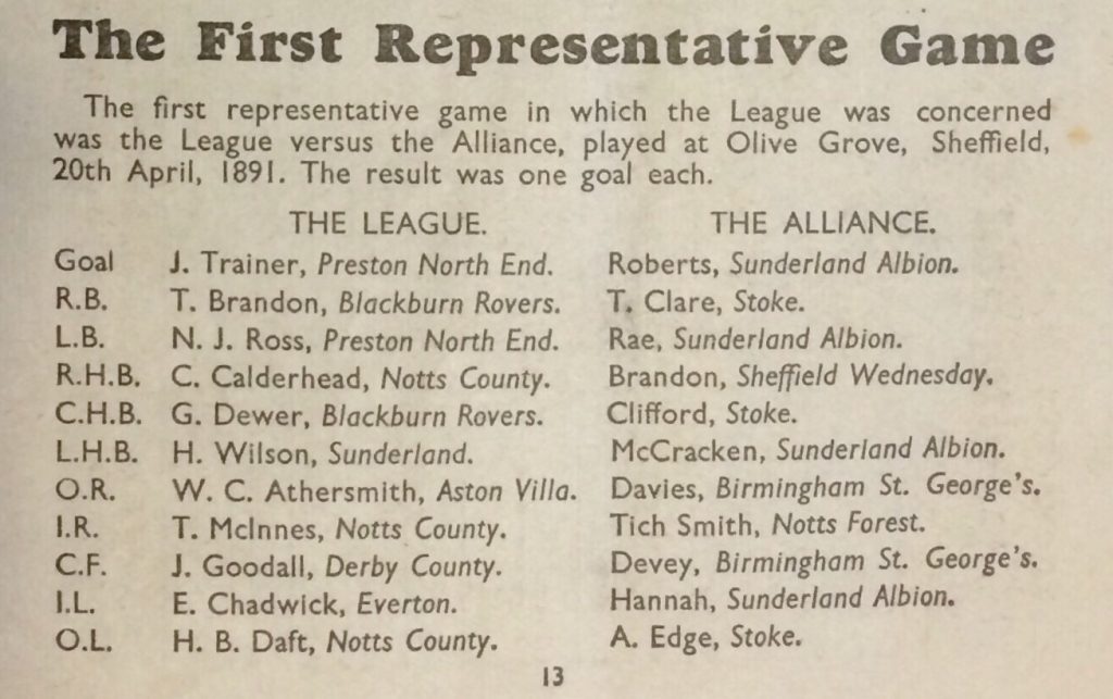 First Football League representative match line-ups, 1891