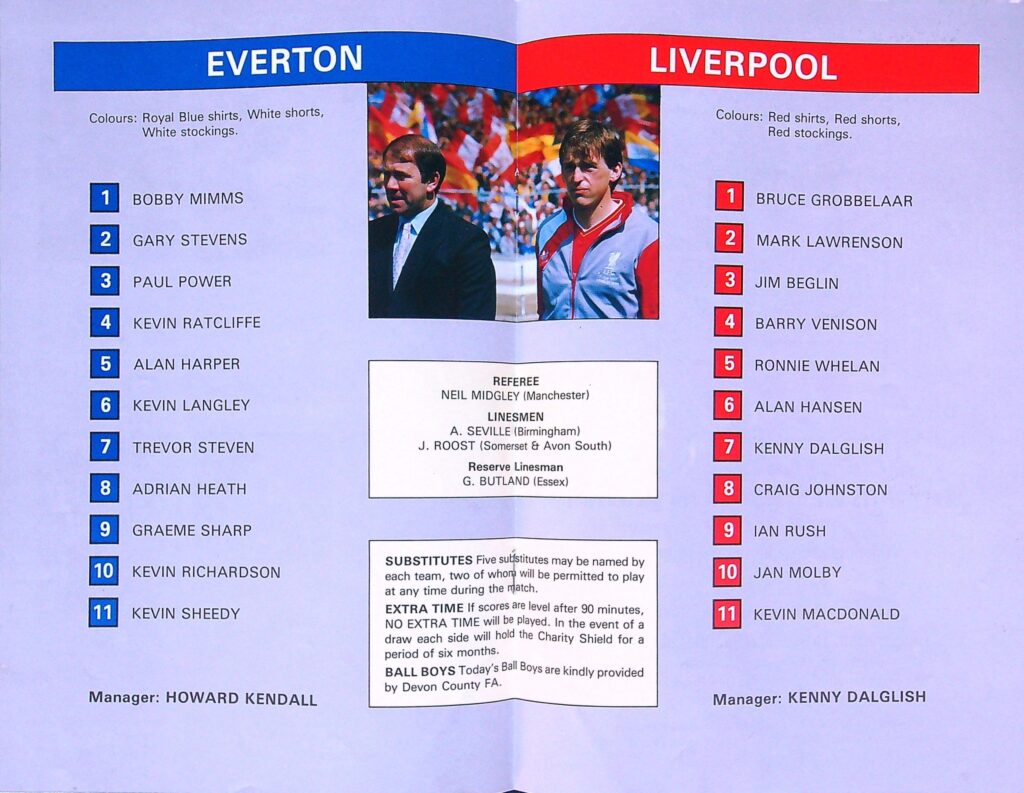 Everton and Liverpool line-ups, 1986 Charity Shield match programme