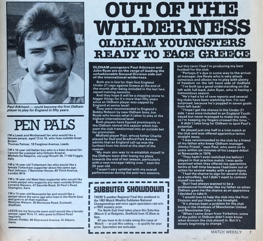 Paul Atkinson in Match Weekly, 1983