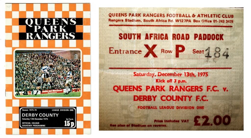 QPR v Derby 1975 match programme; ticket