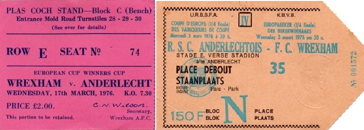 Wrexham-Anderlecht, 1976 - match tickets
