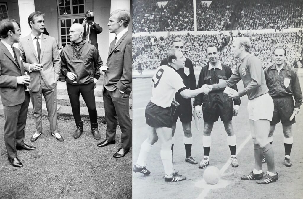 Jimmy Greaves & Bobby Moore meet Sean Connery & Yul Brynner; Uwe Seeler & Bobby Moore, World Cup Final captains