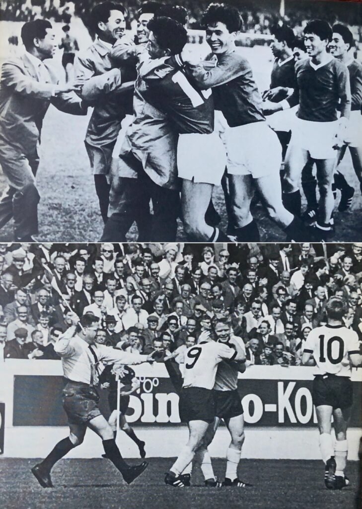 North Korea celebrate their win v Italy (top); a West German supporter joins the celebrations v Uruguay (bottom)