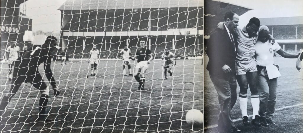 Hungary's Kálmán Mészöly seals their win against Brazil; Pelé is carried from the field v Portugal