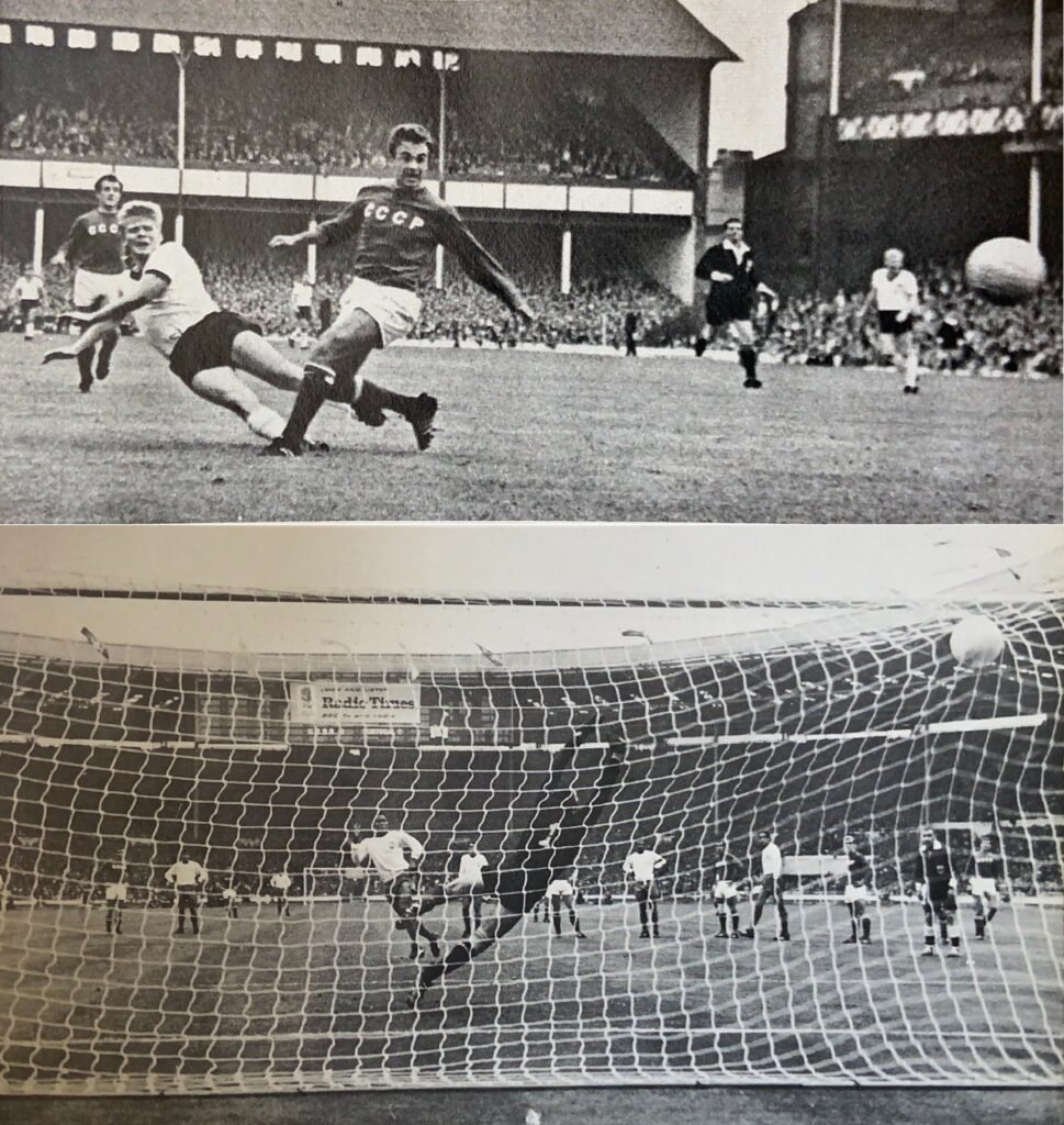 West Germany's Helmut Haller scores against the USSR (top); top scorer Eusébio with his ninth goal of the 1966 finals (below)